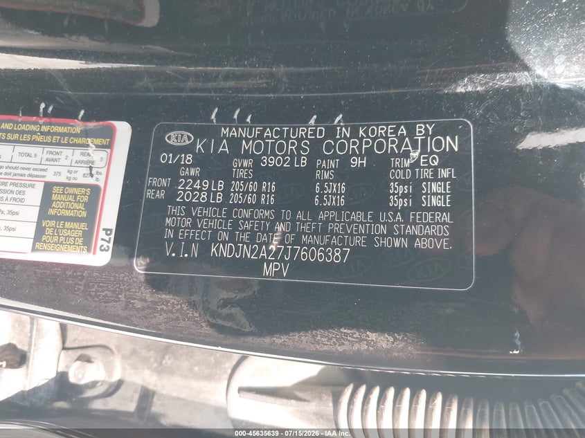 2018 Kia Soul VIN KNDJN2A27J7606387 IAAI salvage auction — NORMAL WEAR, Clear - Dealer Only (California), sold $575 on 2026-07-28 (photo 9)
