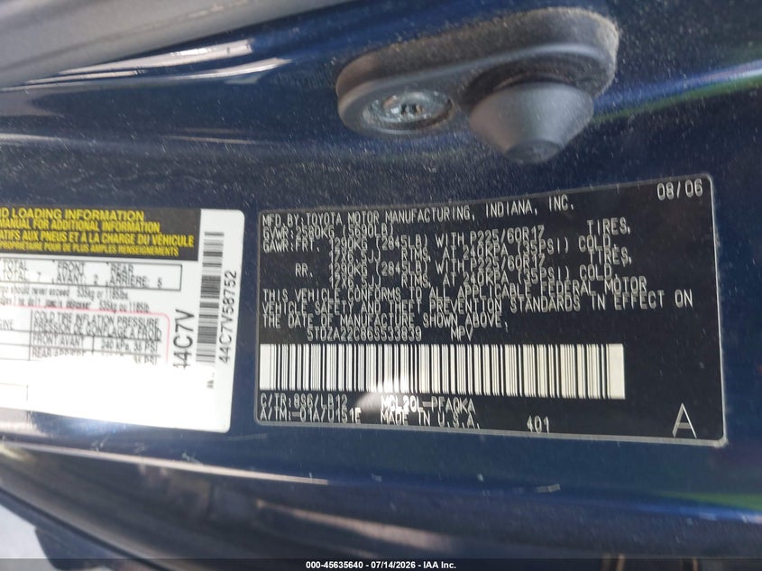 2006 Toyota Sienna VIN 5TDZA22C86S533839 IAAI salvage auction — NORMAL WEAR, Clear (Illinois), sold $1,350 on 2026-07-22 (photo 9)