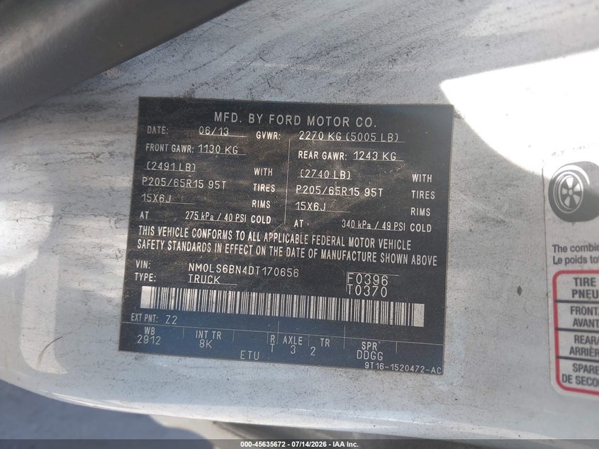 2013 Ford Transit connect VIN NM0LS6BN4DT170656 IAAI salvage auction — NORMAL WEAR, Clear - Dealer Only (California), sold $875 on 2026-07-29 (photo 9)