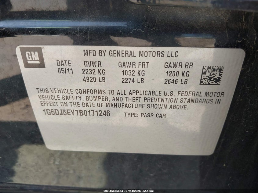 2011 Cadillac Cts VIN 1G6DJ5EY7B0171246 IAAI salvage auction — FRONT END, Clear (Indiana), sold $1,650 on 2026-09-09 (photo 9)
