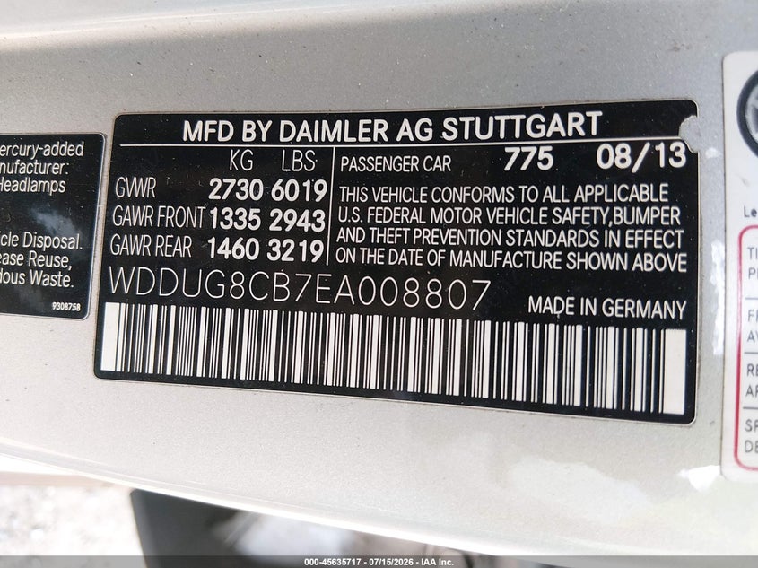 2014 Mercedes-benz S-klasse VIN WDDUG8CB7EA008807 IAAI salvage auction — FRONT END, Salvage Title, sold $6,000 on 2026-07-29 (photo 9)
