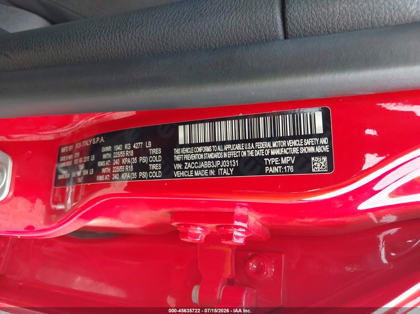 2018 Jeep Renegade VIN ZACCJABB3JPJ03131 IAAI salvage auction — FRONT END, Salvage (Louisiana), sold $2,050 on 2026-08-10 (photo 9)