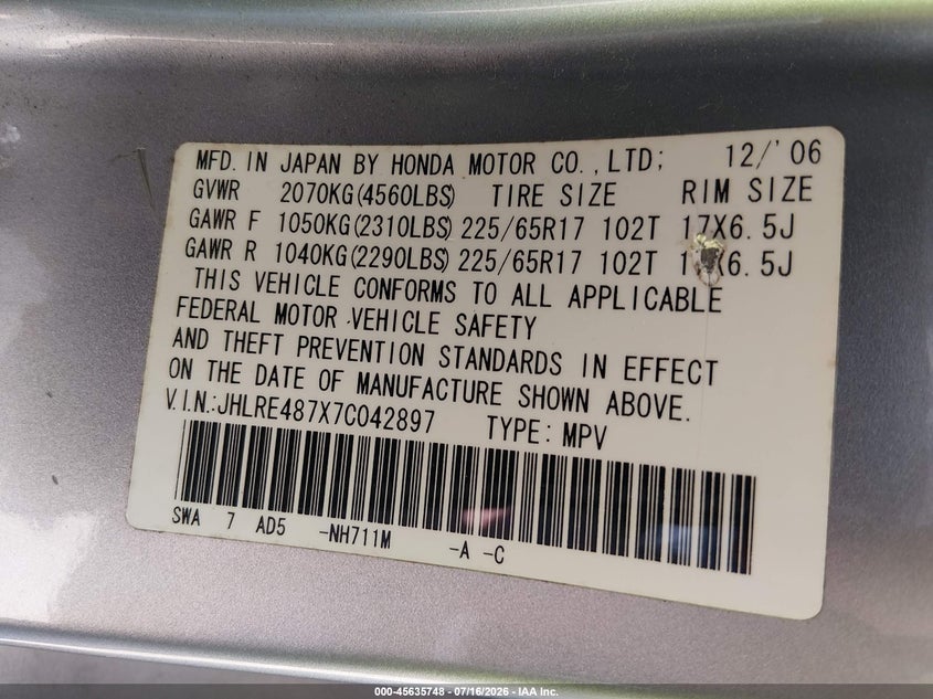 2007 Honda Cr-v VIN JHLRE487X7C042897 IAAI salvage auction — WATER/FLOOD, Salvage (Tennessee), sold $25 on 2026-07-29 (photo 9)