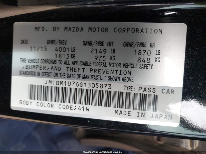 2016 Mazda 3 VIN JM1BM1U76G1305873 IAAI salvage auction — NORMAL WEAR, Original (Texas), sold $1,150 on 2026-07-29 (photo 9)