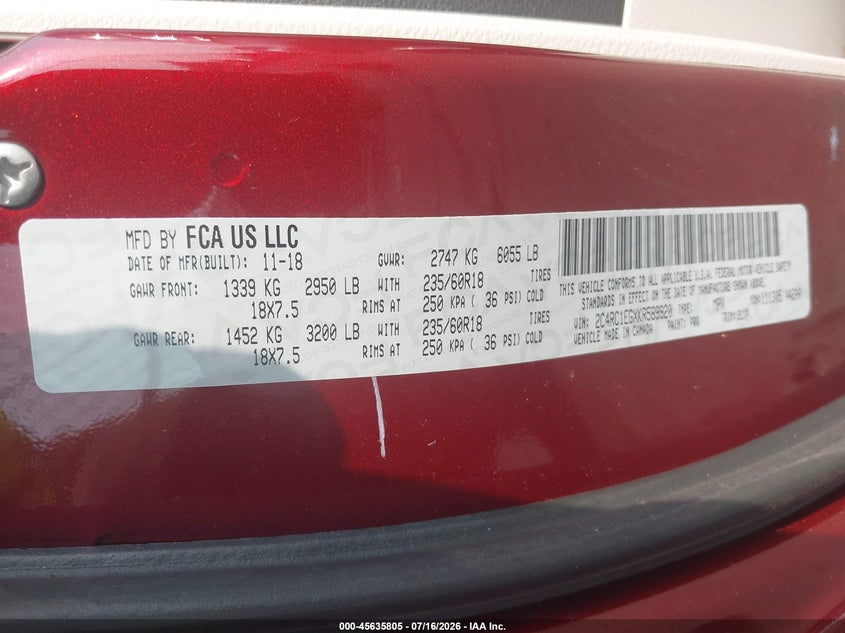 2019 Chrysler Pacifica VIN 2C4RC1EGXKR589920 IAAI salvage auction — SIDE, Salvage Title, sold $4,250 on 2026-07-31 (photo 9)