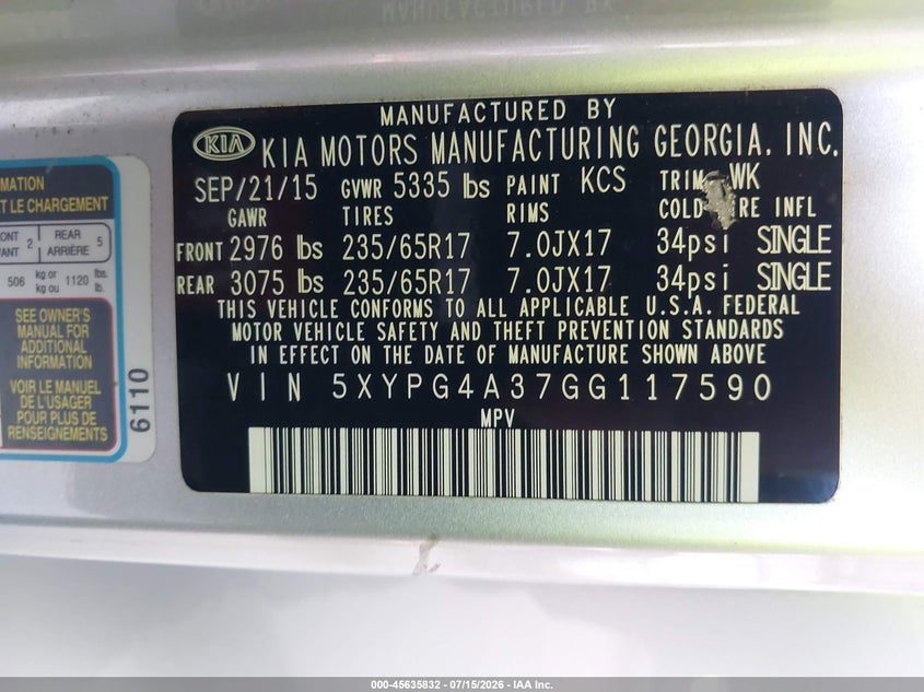 2016 Kia Sorento VIN 5XYPG4A37GG117590 IAAI salvage auction — REAR END, Rebuildable (Florida), sold $675 on 2026-07-22 (photo 9)