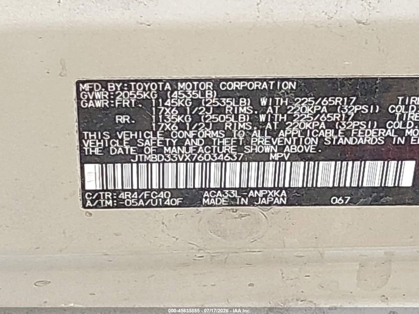 2007 Toyota Rav4 VIN JTMBD33VX76034637 IAAI salvage auction — NORMAL WEAR, Clear (New York), sold $475 on 2026-07-28 (photo 9)