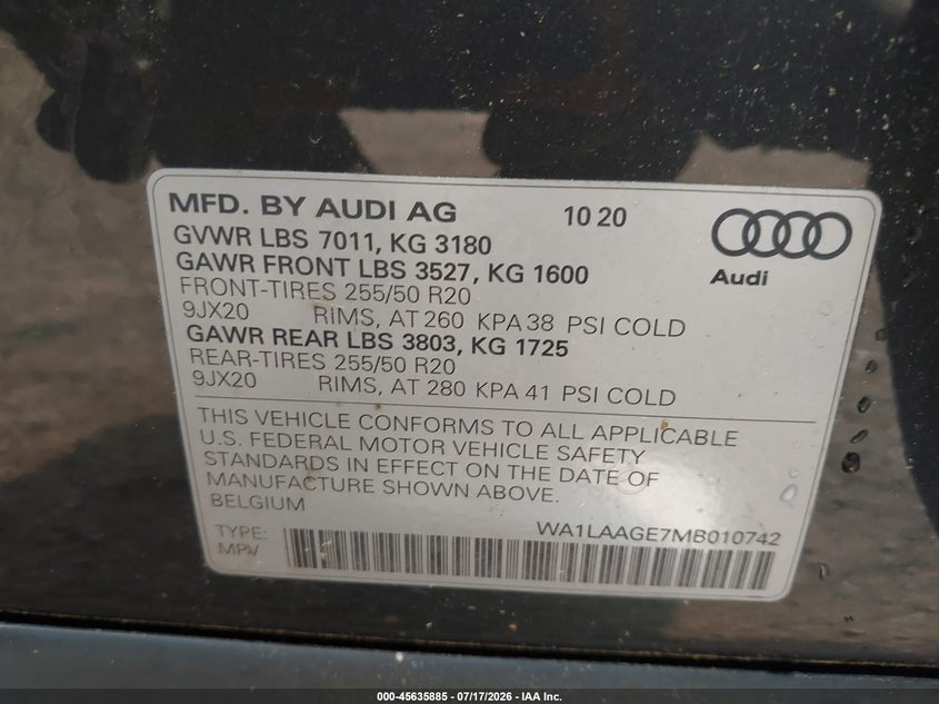 2021 Audi E-tron VIN WA1LAAGE7MB010742 IAAI salvage auction — FRONT END, Wait Title, sold $13,700 on 2026-08-22 (photo 9)