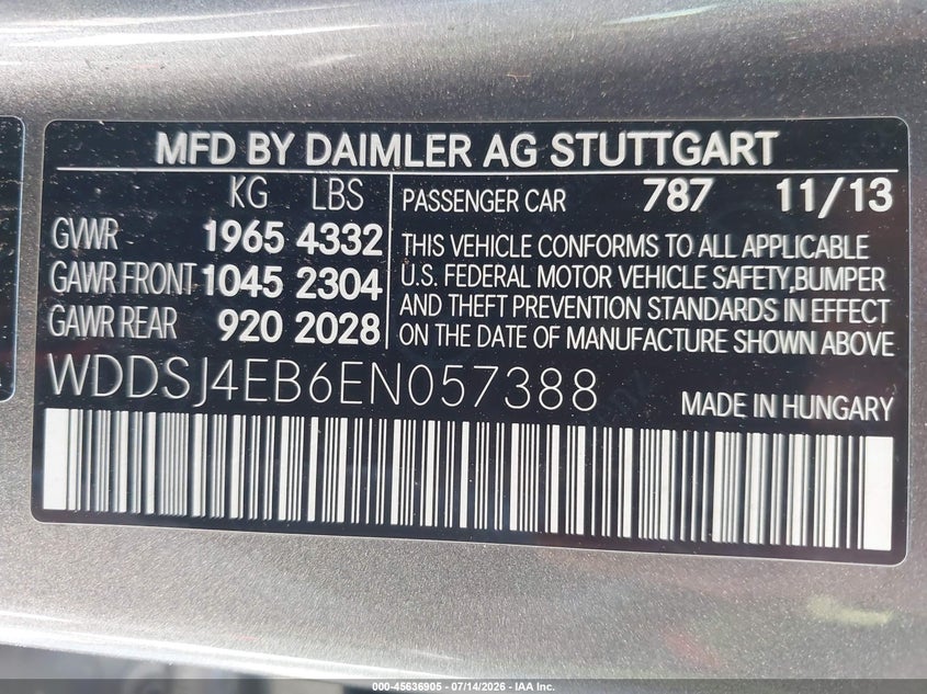 2014 Mercedes-benz Cla-klasse VIN WDDSJ4EB6EN057388 IAAI salvage auction — NORMAL WEAR, Salvage Title, sold $675 on 2026-07-29 (photo 9)