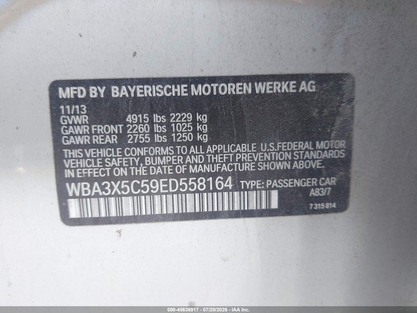 2014 BMW 3 series VIN WBA3X5C59ED558164 IAAI salvage auction — NORMAL WEAR, Clear (Pennsylvania), sold $125 on 2026-07-28 (photo 9)