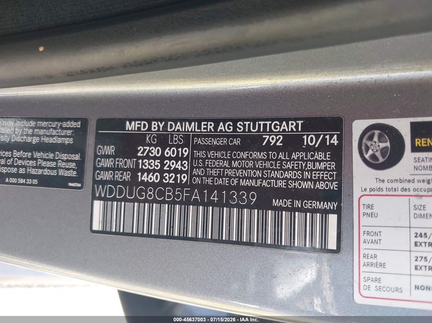 2015 Mercedes-benz S-klasse VIN WDDUG8CB5FA141339 IAAI salvage auction — NORMAL WEAR, Clear (Florida), sold $2,700 on 2026-07-30 (photo 9)