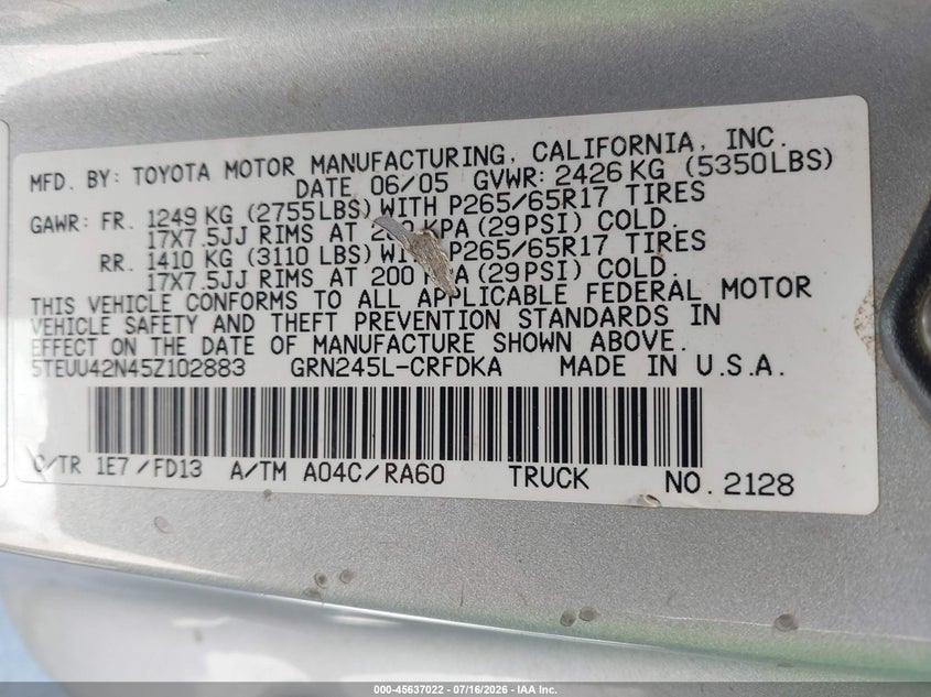 2005 Toyota Tacoma VIN 5TEUU42N45Z102883 IAAI salvage auction — LEFT SIDE, Salvage (California), sold $3,050 on 2026-07-29 (photo 9)