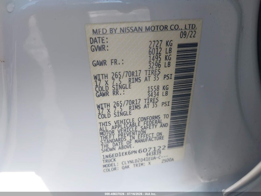 2023 Nissan Navara (frontier) VIN 1N6ED1EK6PN607122 IAAI salvage auction — SIDE, Wait Title, sold $13,100 on 2026-08-20 (photo 9)