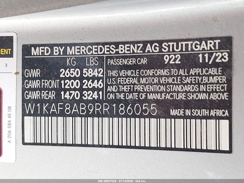 2024 Mercedes-benz C-klasse VIN W1KAF8AB9RR186055 IAAI salvage auction — ALL OVER, Rebuildable (Florida), sold $23,250 on 2026-07-30 (photo 9)