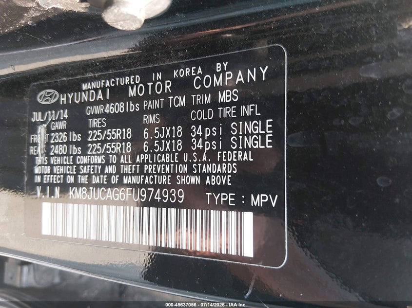 2015 Hyundai Tucson VIN KM8JUCAG6FU974939 IAAI salvage auction — NORMAL WEAR, Clear (Maryland), sold $1,300 on 2026-07-20 (photo 9)