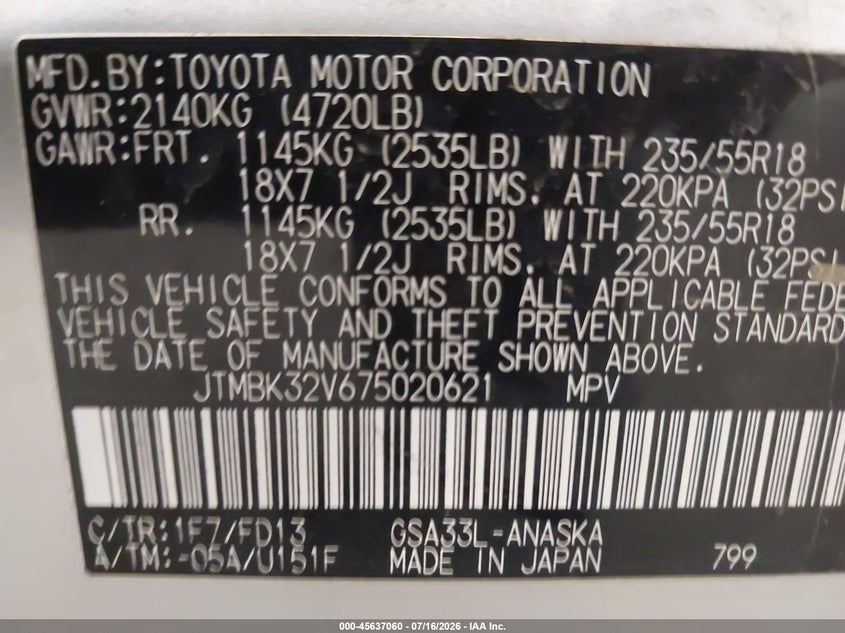 2007 Toyota Rav4 VIN JTMBK32V675020621 IAAI salvage auction — NORMAL WEAR, Clear (Minnesota), sold $475 on 2026-07-28 (photo 9)