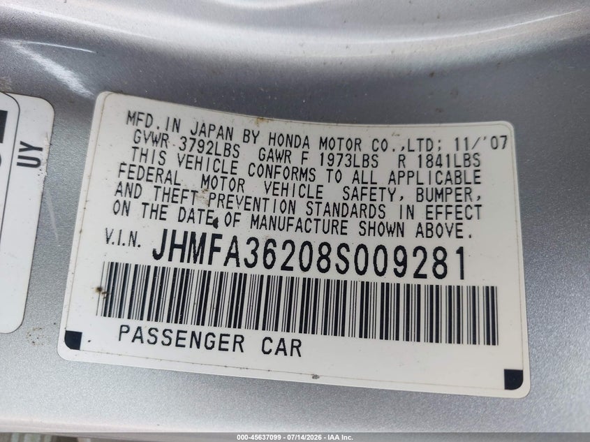 2008 Honda Civic hybrid VIN JHMFA36208S009281 IAAI salvage auction — NORMAL WEAR, Clear (Pennsylvania), sold $25 on 2026-07-21 (photo 9)