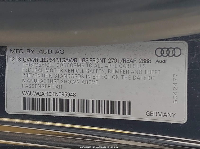 2014 Audi A7 VIN WAUWGAFC3EN095948 IAAI salvage auction — FRONT END, Salvage Title, sold $1,250 on 2026-07-30 (photo 9)