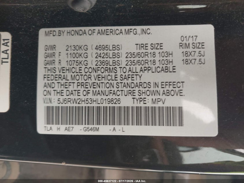 2017 Honda Cr-v VIN 5J6RW2H53HL019826 IAAI salvage auction — REAR END, Salvage Title, sold $8,100 on 2026-07-25 (photo 9)