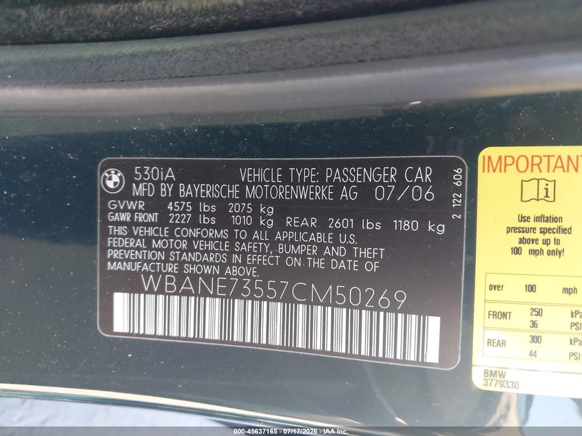 2007 BMW 5 series VIN WBANE73557CM50269 IAAI salvage auction — NORMAL WEAR, Clear (Maryland), sold $475 on 2026-07-29 (photo 9)