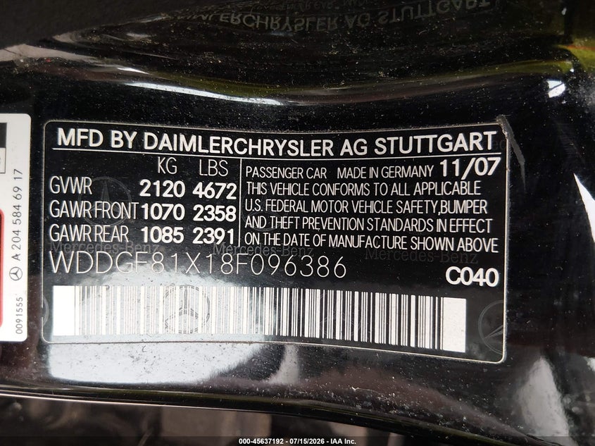 2008 Mercedes-benz C class VIN WDDGF81X18F096386 IAAI salvage auction — RIGHT FRONT, Salvage (Connecticut), sold $600 on 2026-08-06 (photo 9)