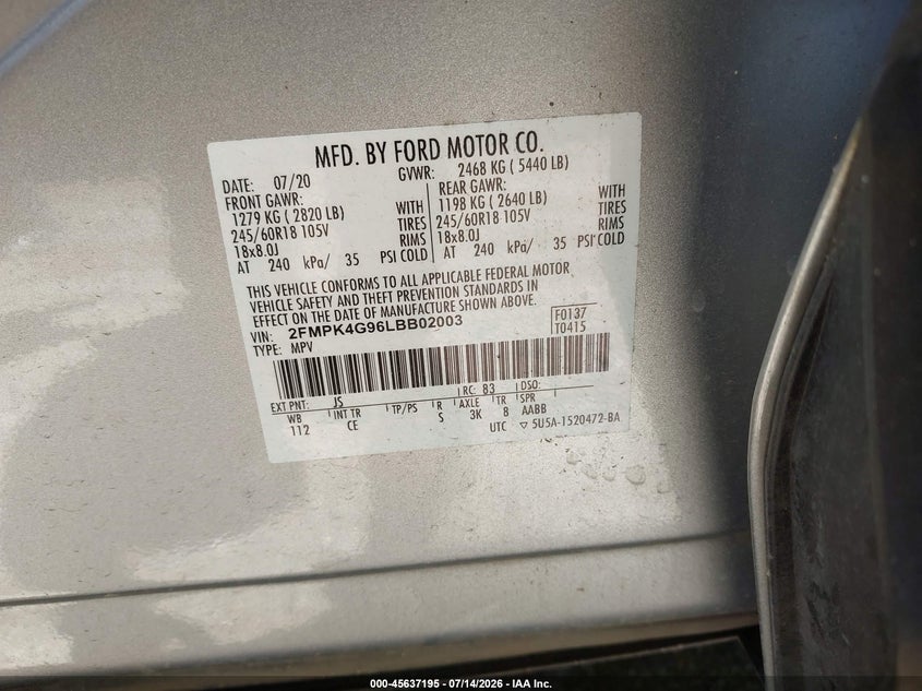 2020 Ford Edge VIN 2FMPK4G96LBB02003 IAAI salvage auction — NORMAL WEAR, Sf97 (Virginia), sold $11,600 on 2026-07-31 (photo 9)