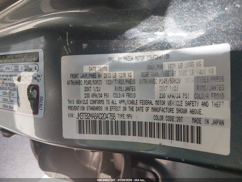 2010 Mazda Cx-9 VIN JM3TB2MA8A0204768 IAAI salvage auction — REAR END, Salvage (Texas), sold $900 on 2026-07-31 (photo 9)