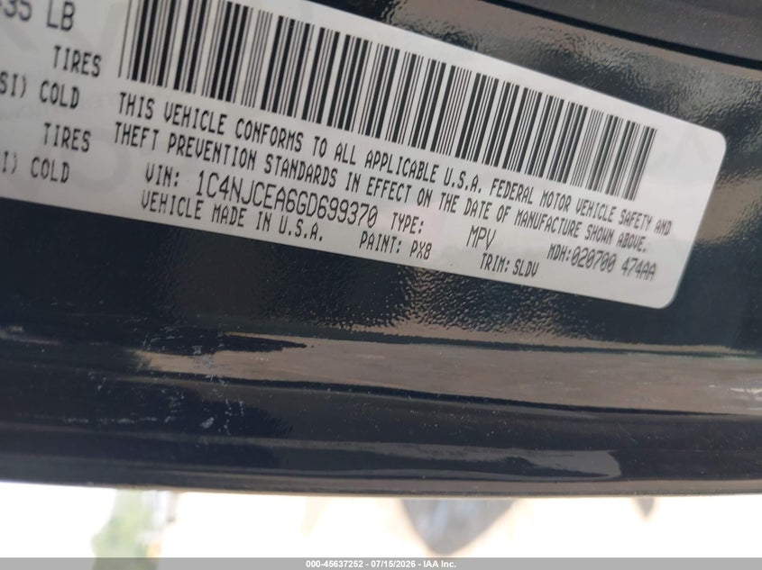 2016 Jeep Compass VIN 1C4NJCEA6GD699370 IAAI salvage auction — REAR END, Salvage Title, sold $1,100 on 2026-07-25 (photo 9)