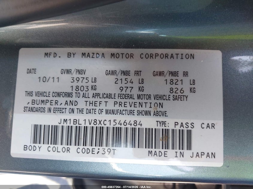 2012 Mazda 3 VIN JM1BL1V8XC1546484 IAAI salvage auction — NORMAL WEAR, Salvage Title, sold $325 on 2026-07-29 (photo 9)