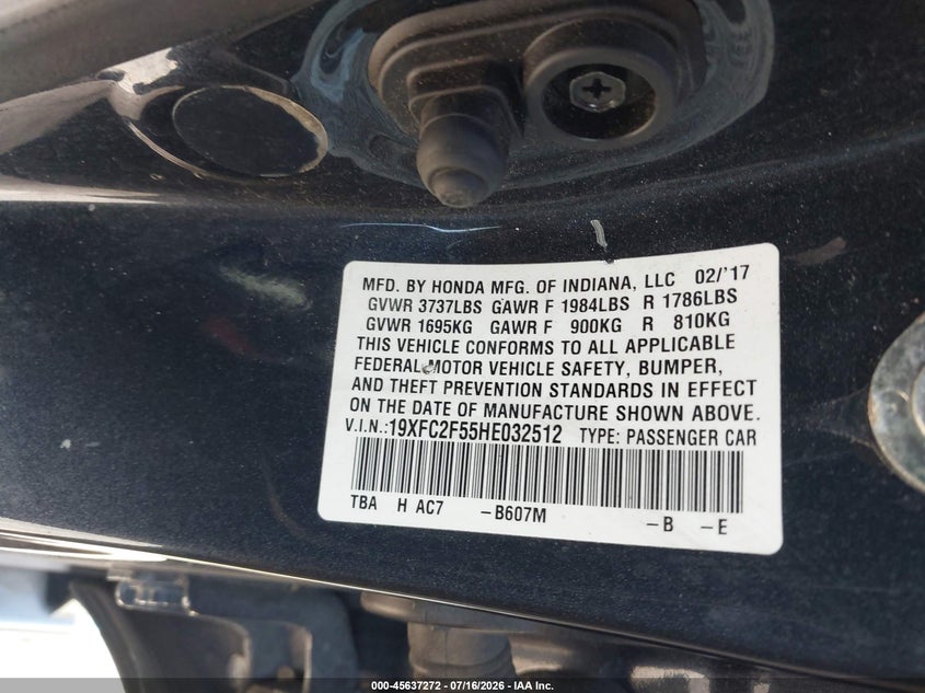2017 Honda Civic VIN 19XFC2F55HE032512 IAAI salvage auction — LEFT SIDE, Wait Title, sold $2,300 on 2026-08-26 (photo 9)