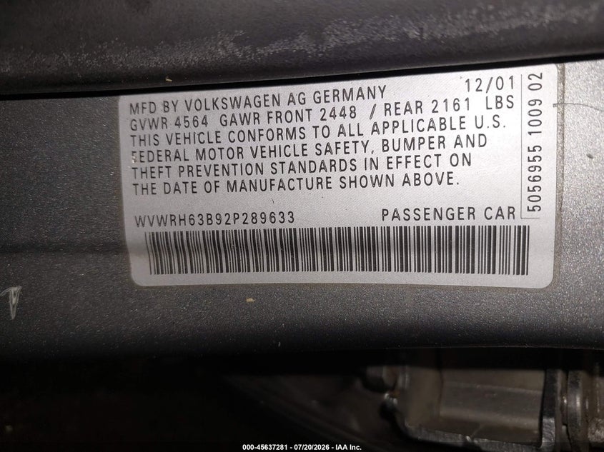 2002 Volkswagen Passat VIN WVWRH63B92P289633 IAAI salvage auction — WATER/FLOOD, Clear (Virginia), sold $275 on 2026-08-20 (photo 9)