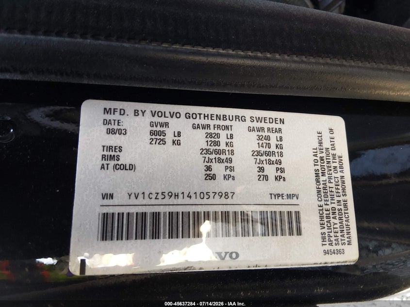 2004 Volvo Xc90 VIN YV1CZ59H141057987 IAAI salvage auction — BIOHAZARD/CHEMICAL, Bill Of Sale (Washington), sold $325 on 2026-08-07 (photo 9)