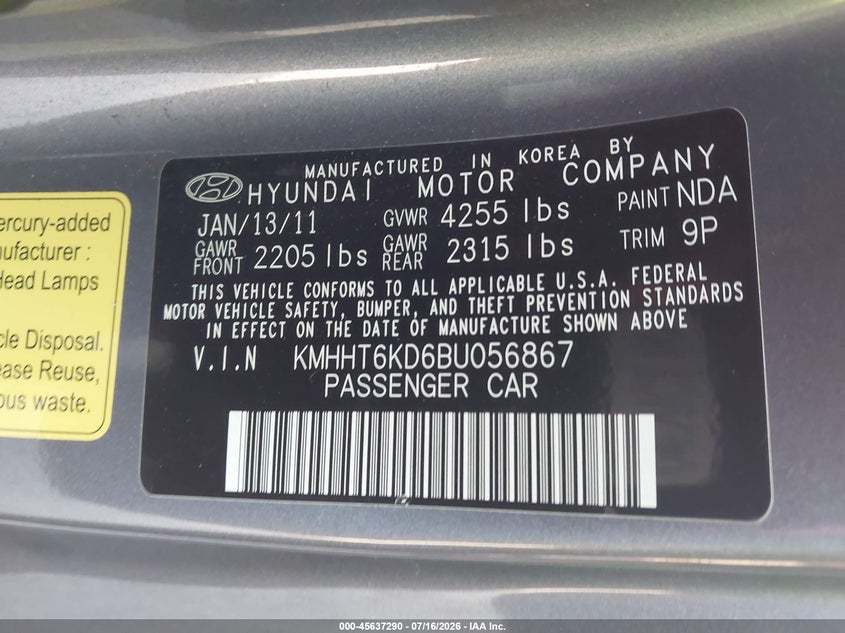 2011 Hyundai Genesis VIN KMHHT6KD6BU056867 IAAI salvage auction — FRONT END, Rebuildable (Florida), sold $600 on 2026-08-31 (photo 9)