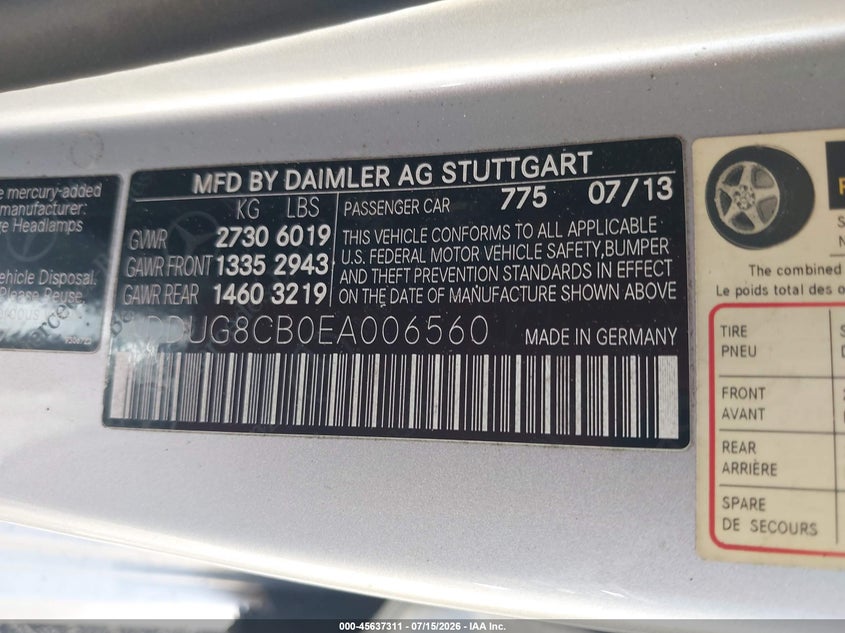 2014 Mercedes-benz S-klasse VIN WDDUG8CB0EA006560 IAAI salvage auction — TRANSMISSION, Salvage (Florida), sold $3,800 on 2026-07-30 (photo 9)