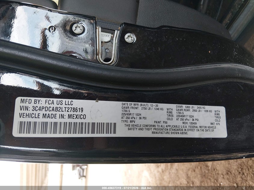 2020 Dodge Journey VIN 3C4PDCAB2LT278619 IAAI salvage auction — FRONT END, Wait Title, sold $700 on 2026-08-23 (photo 9)