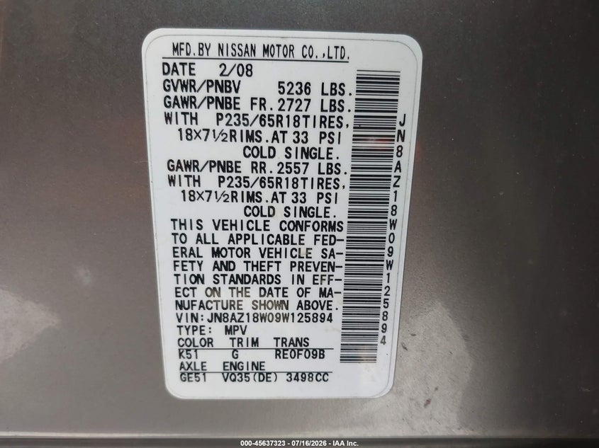 2009 Nissan Murano VIN JN8AZ18W09W125894 IAAI salvage auction — FRONT END, Clear (Massachusetts), sold $400 on 2026-07-31 (photo 9)