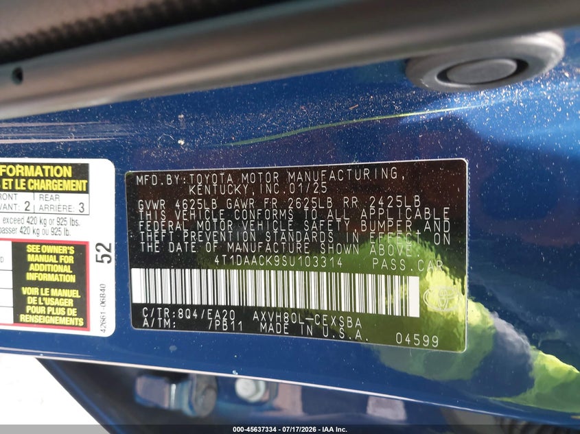 2025 Toyota Camry VIN 4T1DAACK9SU103314 IAAI salvage auction — ROOF, Salvage - Greater Than 75% (Maryland), sold $9,200 on 2026-08-01 (photo 9)