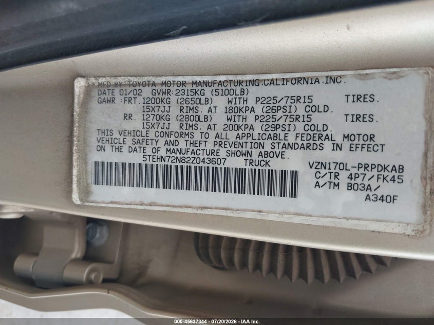 2002 Toyota Tacoma VIN 5TEHN72N82Z043607 IAAI salvage auction — REAR END, Salvage (Virginia), sold $1,900 on 2026-07-31 (photo 9)
