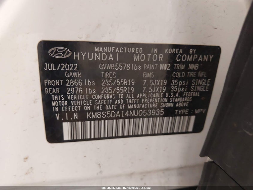2022 Hyundai Santa fe VIN KM8S5DA14NU053935 IAAI salvage auction — UNKNOWN, Salvage (Utah), sold $7,850 on 2026-08-24 (photo 9)