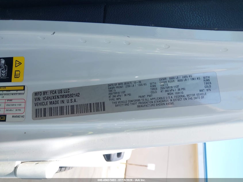 2021 Jeep Wrangler / VIN 1C4HJXEN7MW592142 IAAI salvage auction — RIGHT FRONT, Salvage Title, sold $10,350 on 2026-08-14 (photo 9)