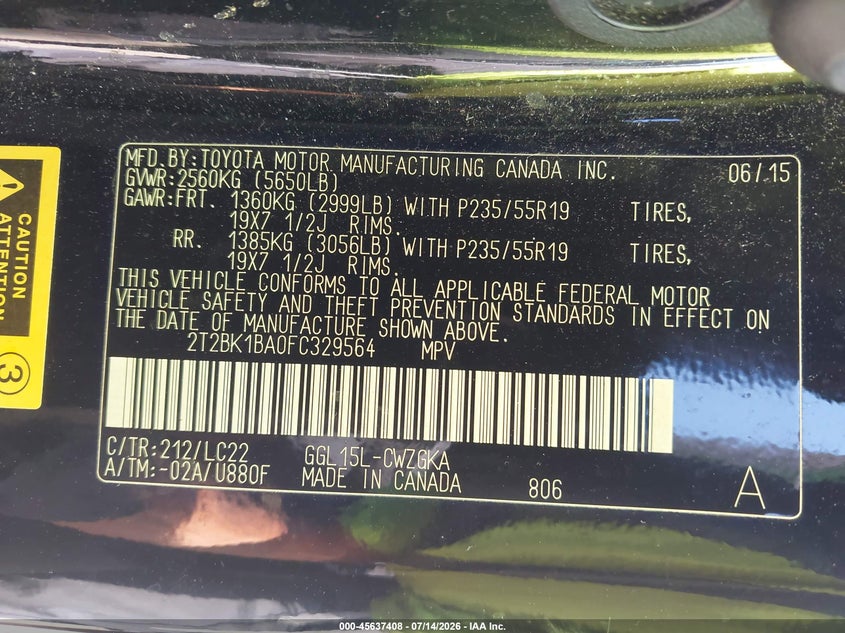 2015 Lexus Rx VIN 2T2BK1BA0FC329564 IAAI salvage auction — FRONT END, Bill Of Sale (Washington), sold $12,800 on 2026-07-25 (photo 9)
