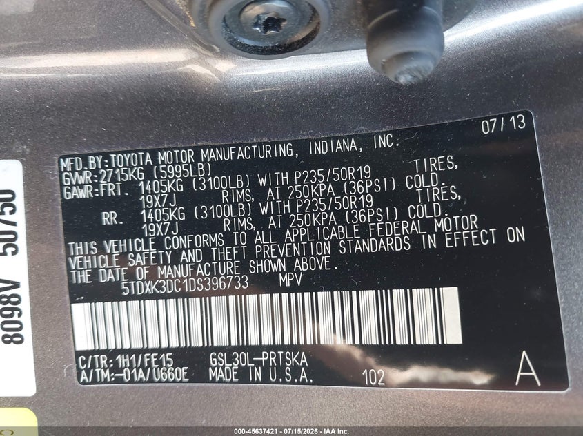 2013 Toyota Sienna VIN 5TDXK3DC1DS396733 IAAI salvage auction — FRONT END, Salvage (California), sold $25 on 2026-07-28 (photo 9)