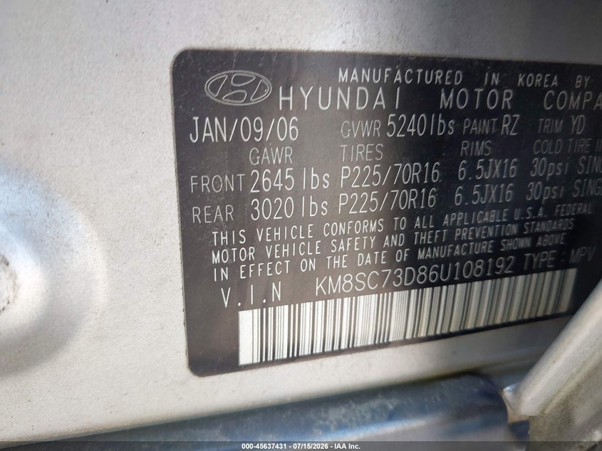 2006 Hyundai Santa fe VIN KM8SC73D86U108192 IAAI salvage auction — FRONT END, Salvage (Pennsylvania), sold $325 on 2026-07-31 (photo 9)