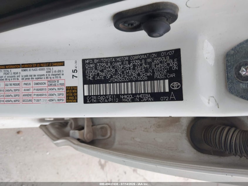 2007 Toyota Prius VIN JTDKB20U077615036 IAAI salvage auction — NORMAL WEAR, Original (Texas), sold $525 on 2026-07-28 (photo 9)