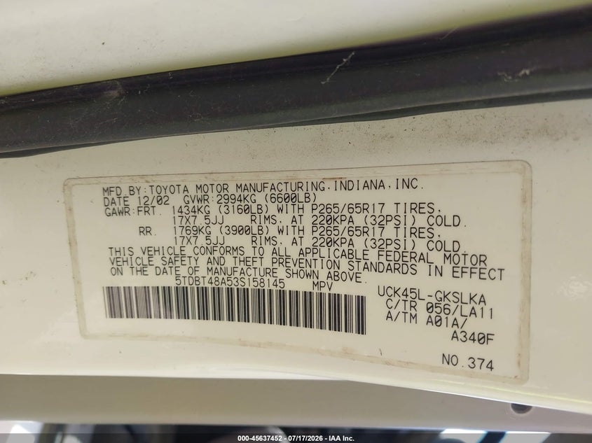 2003 Toyota Sequoia VIN 5TDBT48A53S158145 IAAI salvage auction — NORMAL WEAR, Clear (Kansas), sold $300 on 2026-07-29 (photo 9)