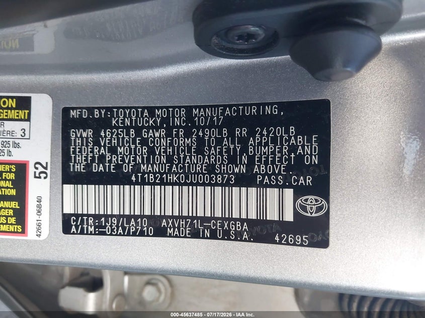 2018 Toyota Camry VIN 4T1B21HK0JU003873 IAAI salvage auction — RIGHT REAR, Salvage Certificate (California), sold $9,100 on 2026-07-31 (photo 9)