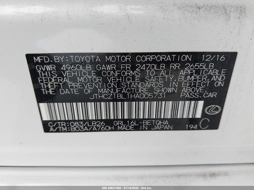 2017 Lexus Gs VIN JTHCZ1BL1HA005731 IAAI salvage auction — FRONT END, Wait Title, sold $7,200 on 2026-08-23 (photo 9)