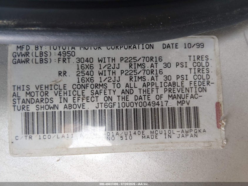 2000 Lexus Rx 300 VIN JT6GF10U0Y0049417 IAAI salvage auction — NORMAL WEAR, Clear (Florida), sold $50 on 2026-07-28 (photo 9)