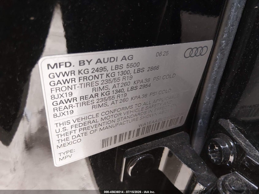 2025 Audi Q5 VIN WA1EAAGU2S2041796 IAAI salvage auction — REAR END, Salvage Title, sold $22,500 on 2026-08-19 (photo 9)