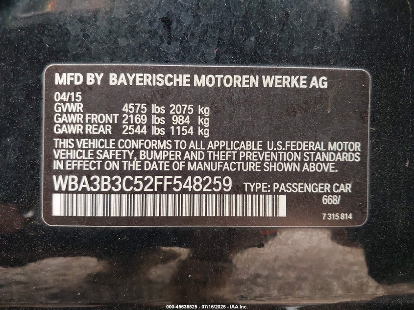 2015 BMW 3er VIN WBA3B3C52FF548259 IAAI salvage auction — REAR END, Mv-907A (New York), sold $2,300 on 2026-07-23 (photo 9)